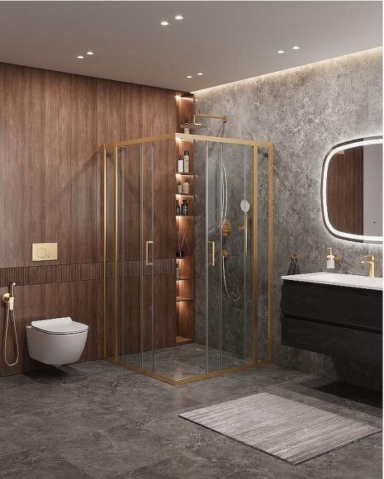Душевой уголок Cezares Molveno 130x130 MOLVENO-A-22-100+30-C-BORO-IV профиль Брашированное золото стекло прозрачное