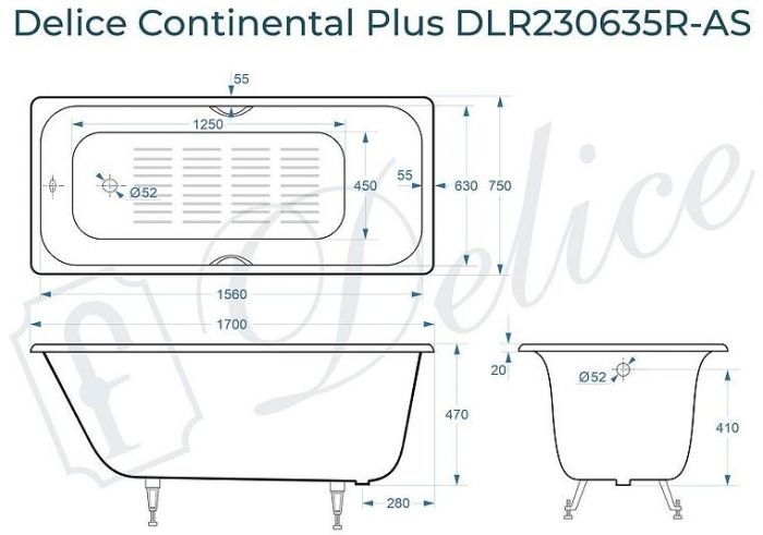 Чугунная ванна Delice Continental PLUS 170х75 DLR230635R-AS с отверстиями под ручки с антискользящим покрытием