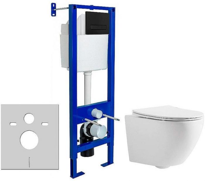 Комплект унитаза CeramaLux 2197 с инсталляцией Berges Atom 410 040340 с сиденьем Микролифт и Черной матовой клавишей смыва