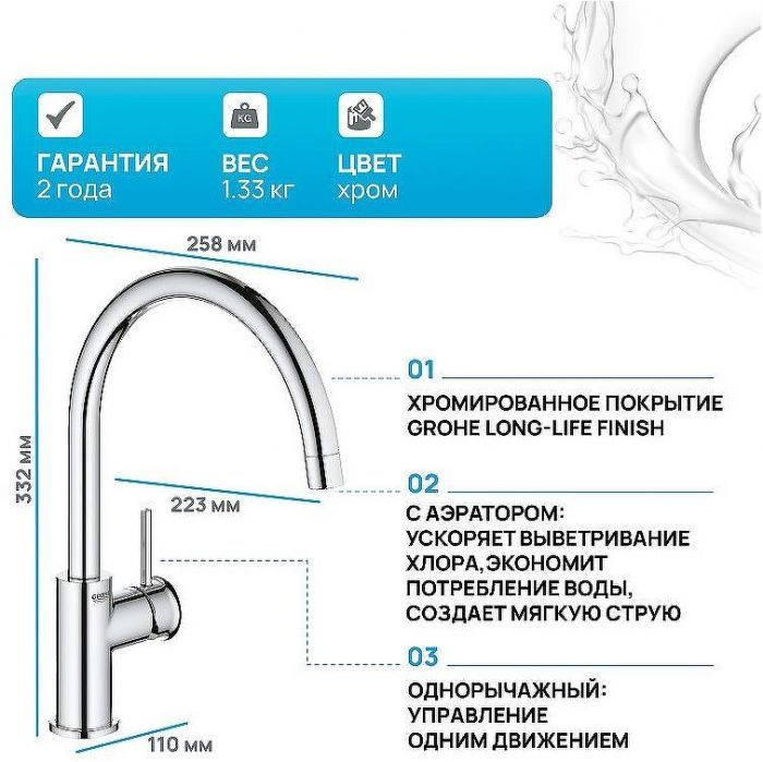 Смеситель для кухни Grohe BauClassic 31234001 Хром