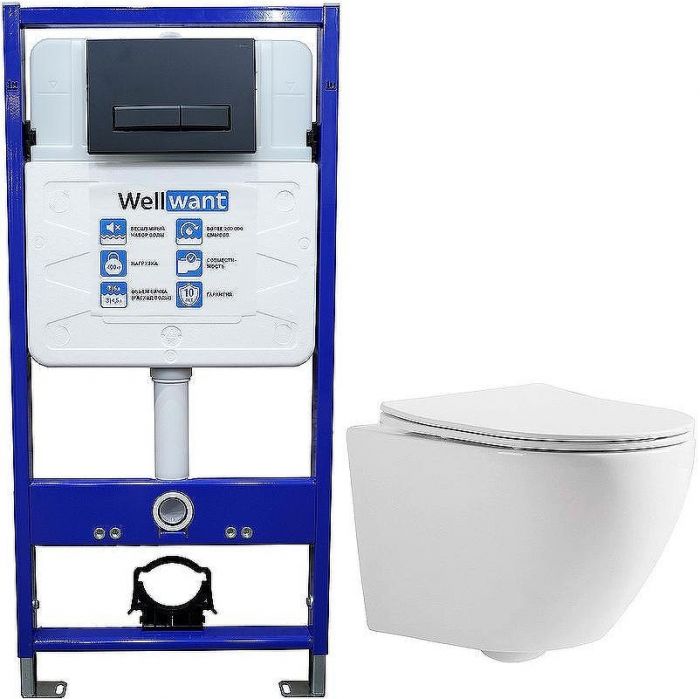 Комплект унитаза CeramaLux 2197 с инсталляцией WellWant Standart 50 WWISI111BB с сиденьем Микролифт и Черной матовой клавишей смыва