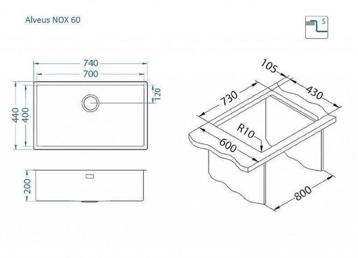 Кухонная мойка Alveus Nox 60 BRS 740x440x200 1149927 Брашированная сталь