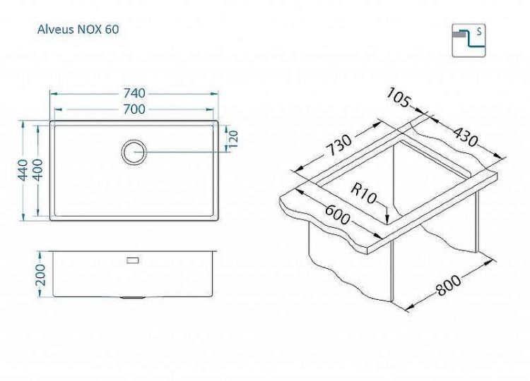 Кухонная мойка Alveus Nox 60 BRS 740x440x200 1149927 Брашированная сталь