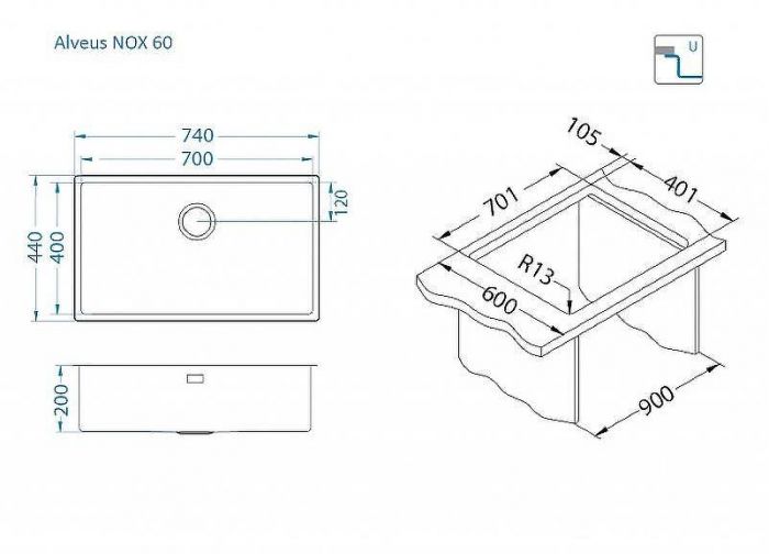Кухонная мойка Alveus Nox 60 BRS 740x440x200 1149927 Брашированная сталь