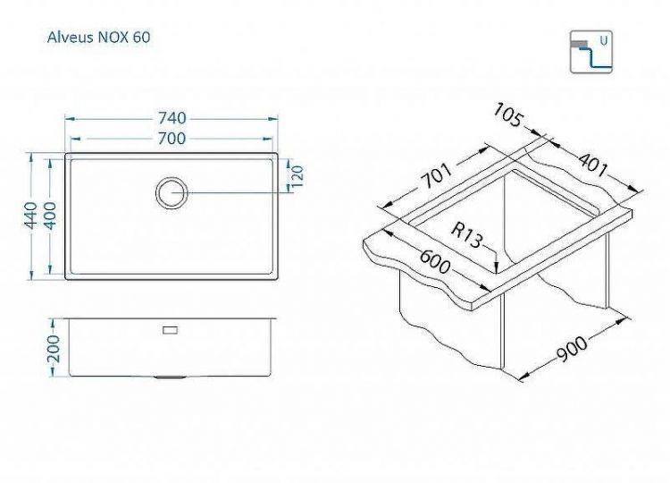 Кухонная мойка Alveus Nox 60 BRS 740x440x200 1149927 Брашированная сталь