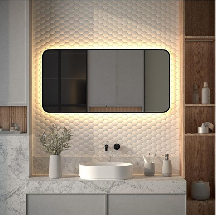 Зеркало Defesto Aura 120х60 DF 2978RH с подсветкой 34W-3000K/ИК - выключатель/Теплый белый свет/Черная рама