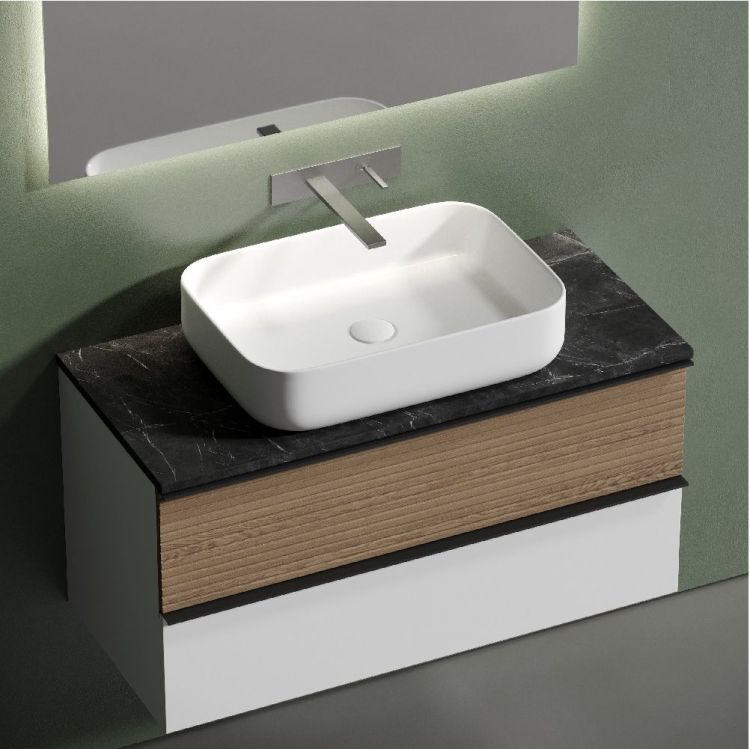 Тумба подвесная SANCOS Delta, Дуб светлый/белый 995х445х500, под столешницу без отверстия под смеситель, цвет Black Sky, DL100W