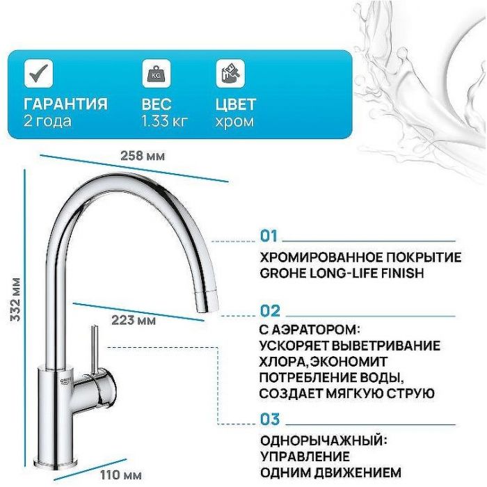 Смеситель для кухни Grohe BauClassic 31535001 Хром