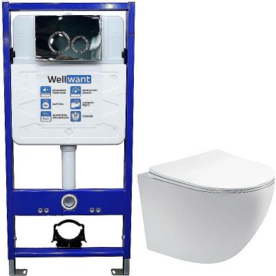 Комплект унитаза Aquatek Европа AQ1900-00 с инсталляцией WellWant Standart 50 WWISI1110B с сиденьем Микролифт и клавишей смыва Хром глянцевый