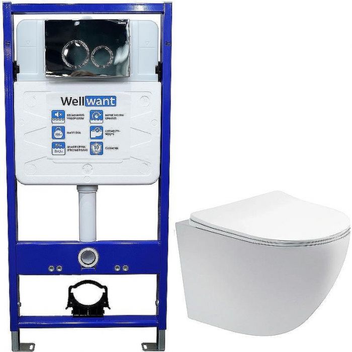 Комплект унитаза Aquatek Европа AQ1900-00 с инсталляцией WellWant Standart 50 WWISI1110B с сиденьем Микролифт и клавишей смыва Хром глянцевый