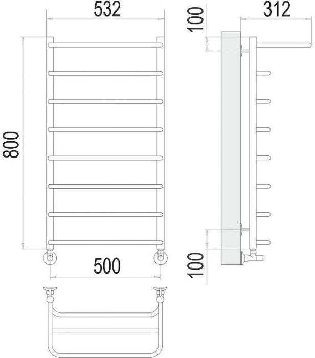 Водяной полотенцесушитель Terminus Полка П8 500x800 4670078530295 с полкой цвет Хром, нижнее подключение, G 1/2" ВР