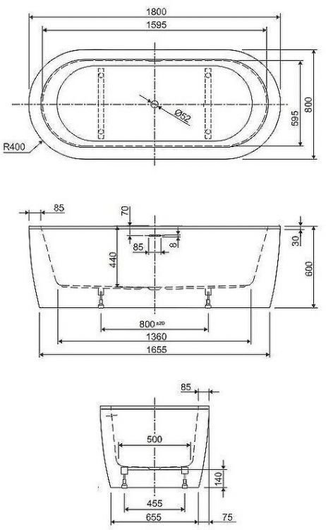 Акриловая ванна Cezares Slim 180x80 SLIM CENTRAL-180-80-60-W37-SET без гидромассажа