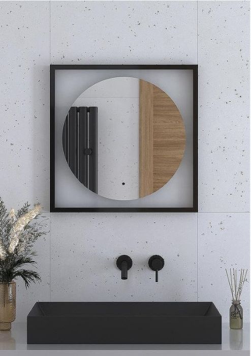 Зеркало Defesto Eclipce 60х60 DF 2221R с подсветкой 12W-4500К/в багетной раме/ИК - выключатель/Нейтральный белый свет/Черная рама