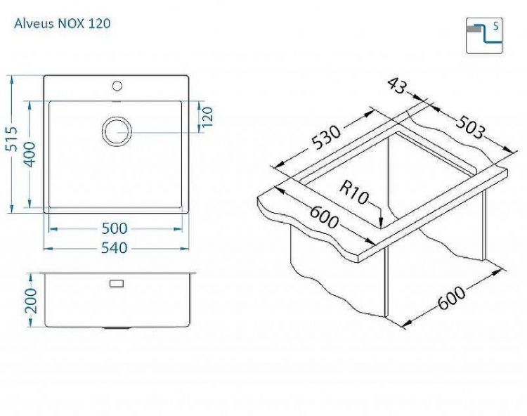 Кухонная мойка Alveus Nox 120 BRS 540x515x200 1149937 Брашированная сталь