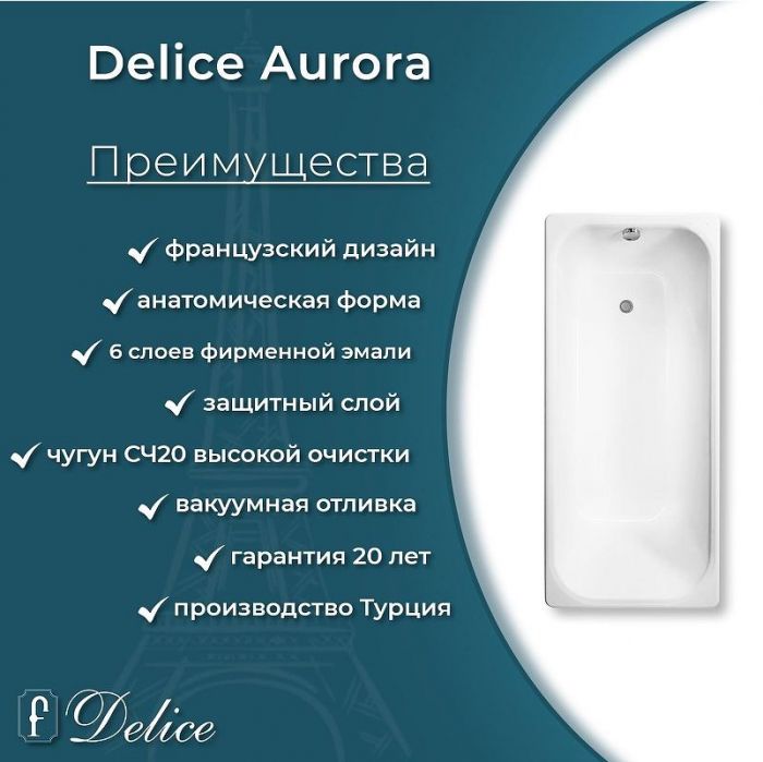 Чугунная ванна Delice Aurora 170х75 DLR230606R с отверстиями под ручки без антискользящего покрытия