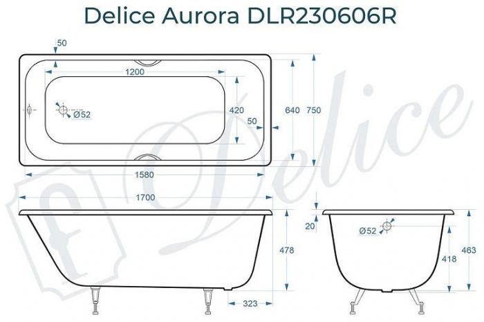 Чугунная ванна Delice Aurora 170х75 DLR230606R с отверстиями под ручки без антискользящего покрытия