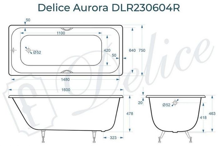 Чугунная ванна Delice Aurora 160х75 DLR230604R с отверстиями под ручки без антискользящего покрытия