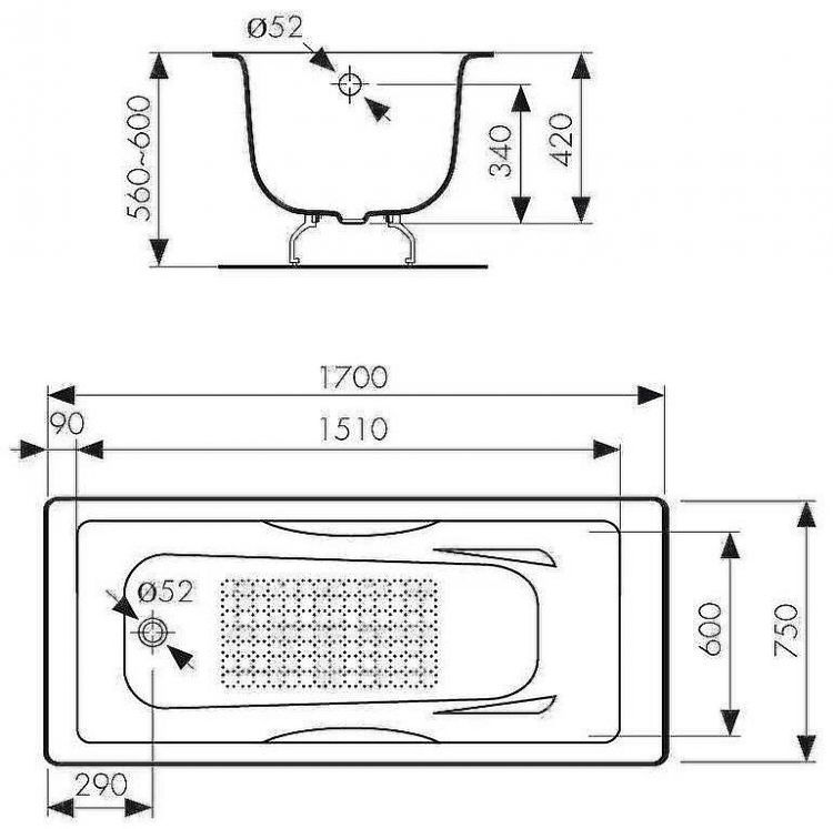 Чугунная ванна Kaiser 170х75 КВ-1703 с антискользящим покрытием Чугунная ванна Kaiser 170х75 КВ-1703 с антискользящим покрытием