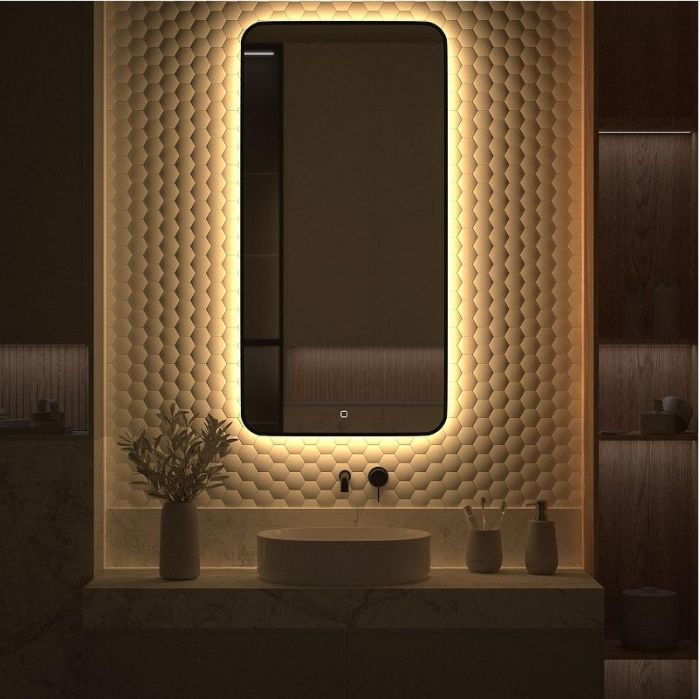 Зеркало Defesto Aura 60х120 DF 2978S с подсветкой 34W-3000K/Сенсорный выключатель/Теплый белый свет/Черная рама