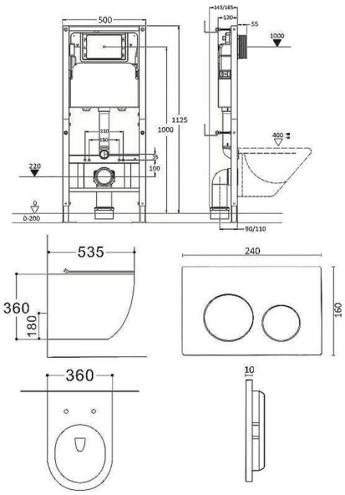 Комплект унитаза с инсталляцией Agger ATI03144+APB144 с сиденьем Микролифт и Черной матовой клавишей смыва