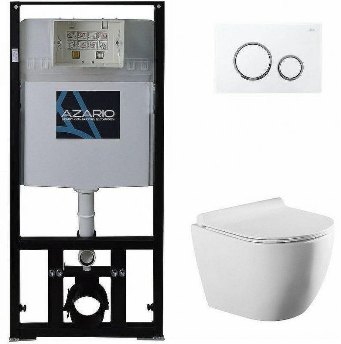 Комплект унитаза с инсталляцией Azario Geno AZ-8010-1000+AZ-8200-0045+AZ-2196D с сиденьем Микролифт и Белой Хром клавишей смыва