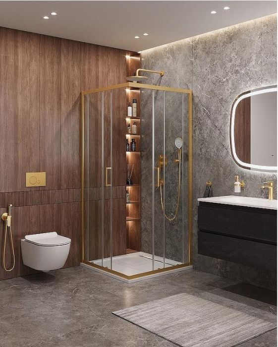 Душевой уголок Cezares Molveno 90x90 MOLVENO-A-2-90-C-BORO-IV профиль Брашированное золото стекло прозрачное