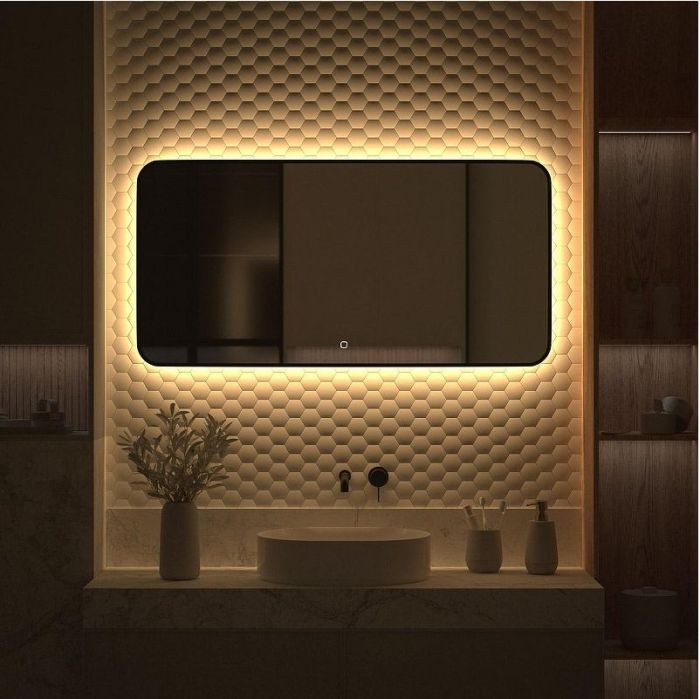 Зеркало Defesto Aura 120х60 DF 2978SH с подсветкой 34W-3000K/Сенсорный выключатель/Теплый белый свет/Черная рама