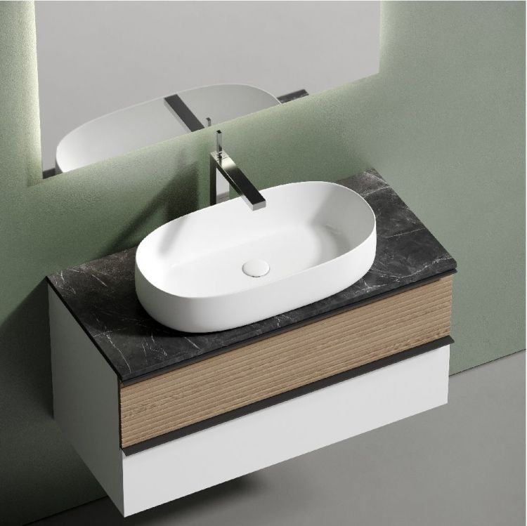 Тумба подвесная SANCOS Delta, Дуб светлый/белый 995х445х500, под столешницу с отверстием под смеситель, цвет Black Sky, DL100W