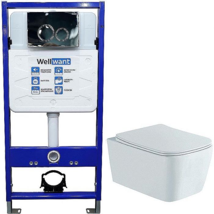 Комплект унитаза Aquatek Либра New AQ1148N-00 с инсталляцией WellWant Standart 50 WWISI1110B с сиденьем Микролифт и клавишей смыва Хром глянцевый