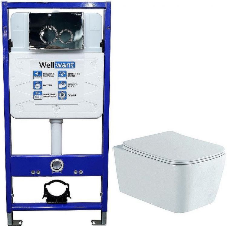 Комплект унитаза Aquatek Либра New AQ1148N-00 с инсталляцией WellWant Standart 50 WWISI1110B с сиденьем Микролифт и клавишей смыва Хром глянцевый