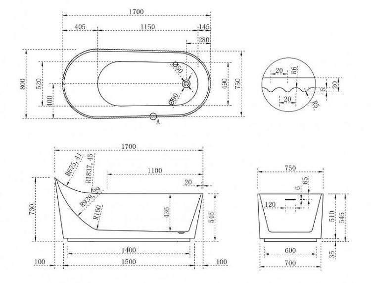 Акриловая ванна Abber 170х80 AB9445MW без гидромассажа