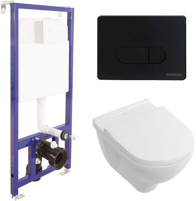 Комплект унитаза Villeroy&Boch O Novo 5660H101 с инсталляцией Berges Novum D5 040235 с сиденьем Микролифт и Черной матовой клавишей смыва