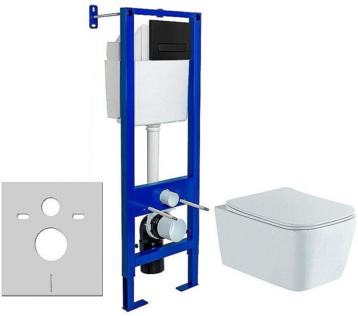 Комплект унитаза Aquatek Либра New AQ1148N-00 с инсталляцией Berges Atom 410 040340 с сиденьем Микролифт и Черной матовой клавишей смыва