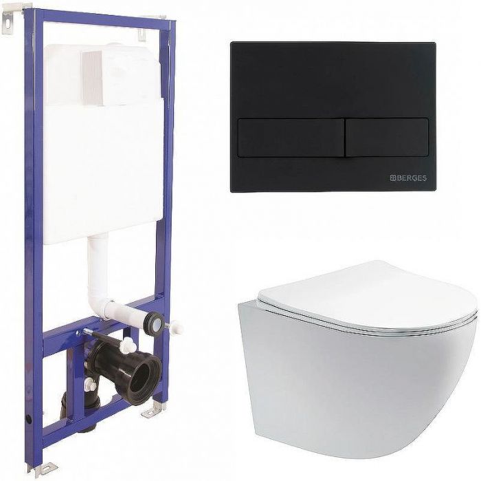 Комплект унитаза Aquatek Европа AQ1900-00 с инсталляцией Berges Novum L5 040215 с сиденьем Микролифт и Черной матовой клавишей смыва