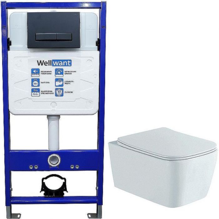 Комплект унитаза Aquatek Либра New AQ1148N-00 с инсталляцией WellWant Standart 50 WWISI111BB с сиденьем Микролифт и Черной матовой клавишей смыва