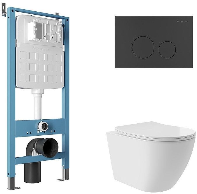 Комплект унитаза с инсталляцией Aqueduto Ovo Plus AQDS123T цвет Белый с сиденьем Микролифт и клавишей смыва цвет Черный матовый