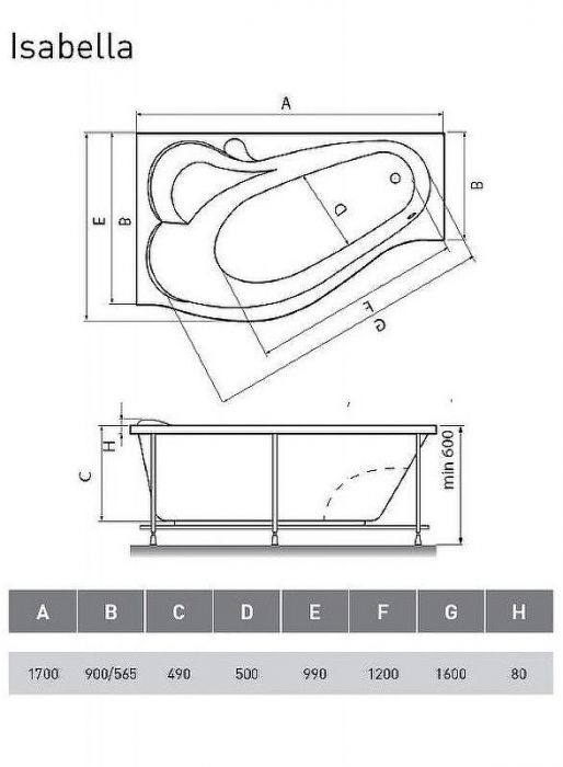 Акриловая ванна Relisan Isabella 170х90 L Гл000010529 без гидромассажа