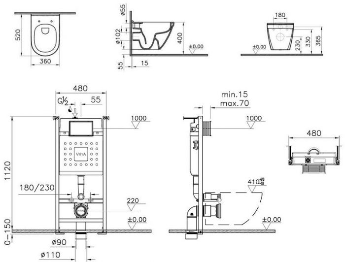 Комплект унитаза с инсталляцией Vitra L-Box S50 9003B003-7203 с сиденьем Микролифт и Белой глянцевой клавишей смыва