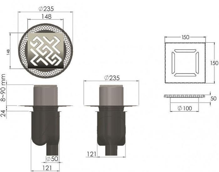 Душевой трап Berges Platz Antik 150x150 091061 с решеткой Хром