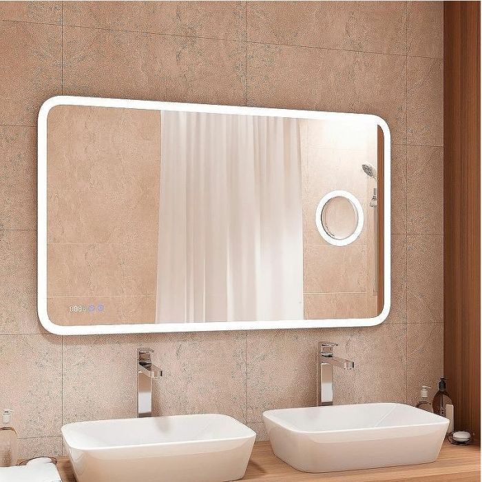 Зеркало Континент Bliss 1200х800 ЗЛП546 с подсветкой с сенсорным выключателем с увеличительным зеркалом с подогревом с часами