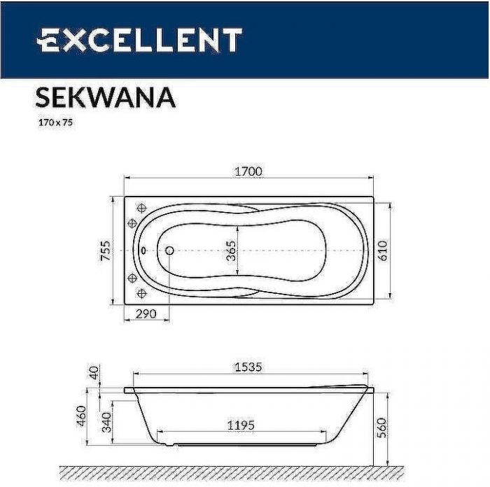 Акриловая ванна Excellent Sekwana 170x75 WAEX.SEK17.SOFT.GL с гидромассажем