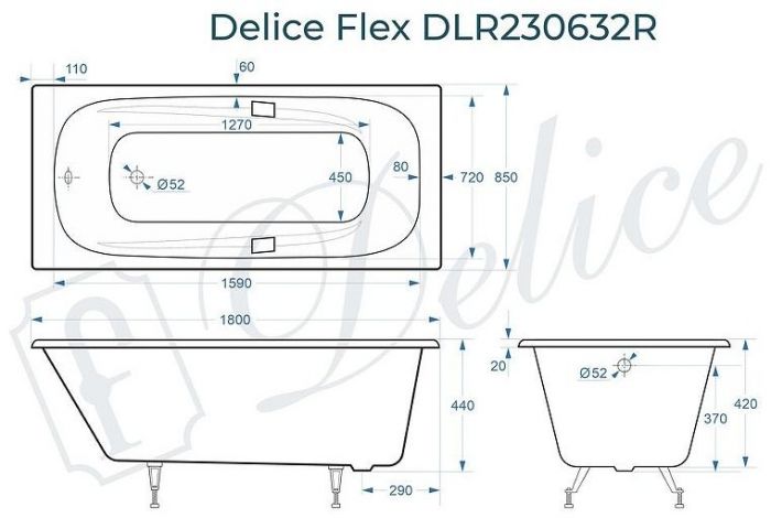 Чугунная ванна Delice Flex 180х85 DLR230632R с отверстиями под ручки без антискользящего покрытия