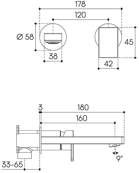 Смеситель для раковины настенного монтажа со скрытой частью AQUEDUTO GEOMETRICO,  оружейная сталь (GEO0445)
