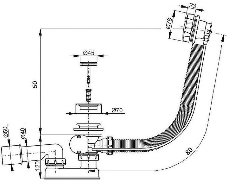 Слив-перелив Alcaplast A55K-80-RU-01 полуавтомат Хром