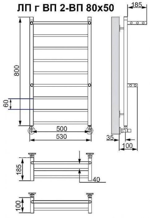 Водяной полотенцесушитель Ника Classic ЛП (Г) ВП 80/50 (2-ВП) с полкой Хром
