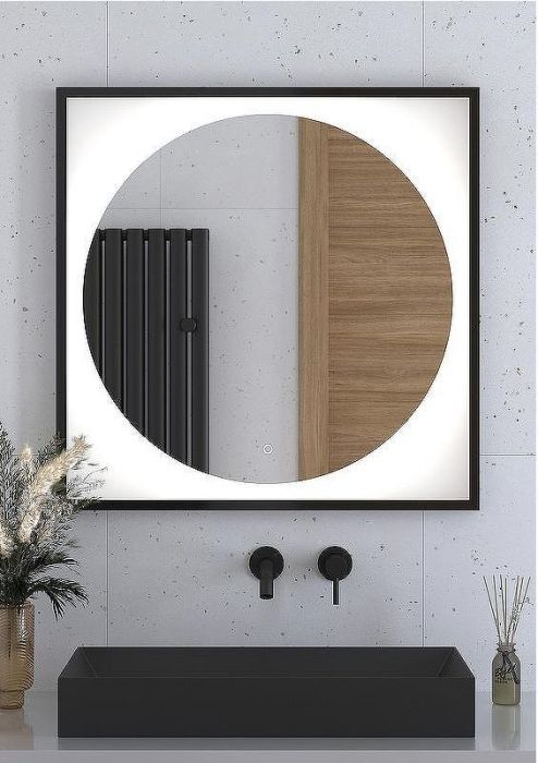 Зеркало Defesto Eclipce 80х80 DF 2223S с подсветкой 18W-4500К/в багетной раме/Сенсорный выключатель/Нейтральный белый свет/Черная рама