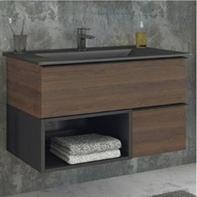 Тумба с раковиной Comforty Франкфурт 90 00-00002048 подвесная Дуб шоколадно-коричневый Черная матовая