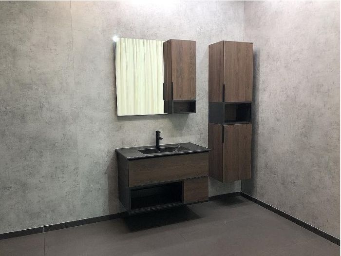 Тумба с раковиной Comforty Франкфурт 90 00-00002048 подвесная Дуб шоколадно-коричневый Черная матовая