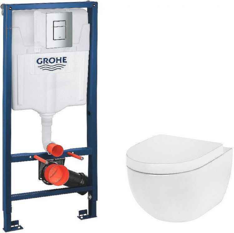 Комплект унитаза AM.PM Awe C111738WH+C117852WH с инсталляцией Grohe Rapid SL 38772001 с сиденьем Микролифт и клавишей смыва Хром