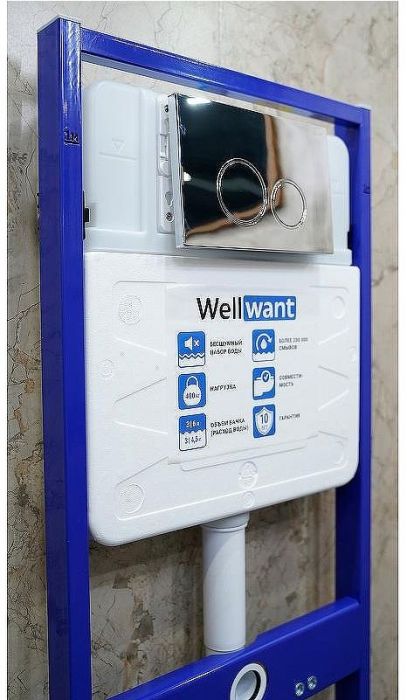 Комплект унитаза AQUAme AQM2002 с инсталляцией WellWant Standart 50 WWISI1110B с сиденьем Микролифт и клавишей смыва Хром глянцевый